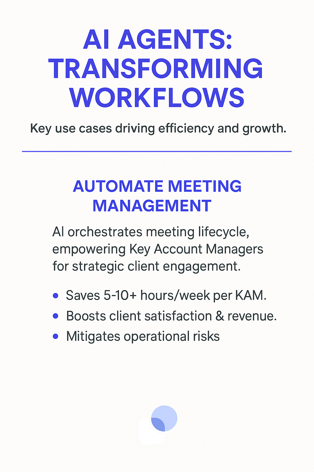 AI Agents transforming workflows infographic - automate meeting management for Key Account Managers saving 5-10+ hours per week while boosting client satisfaction and revenue