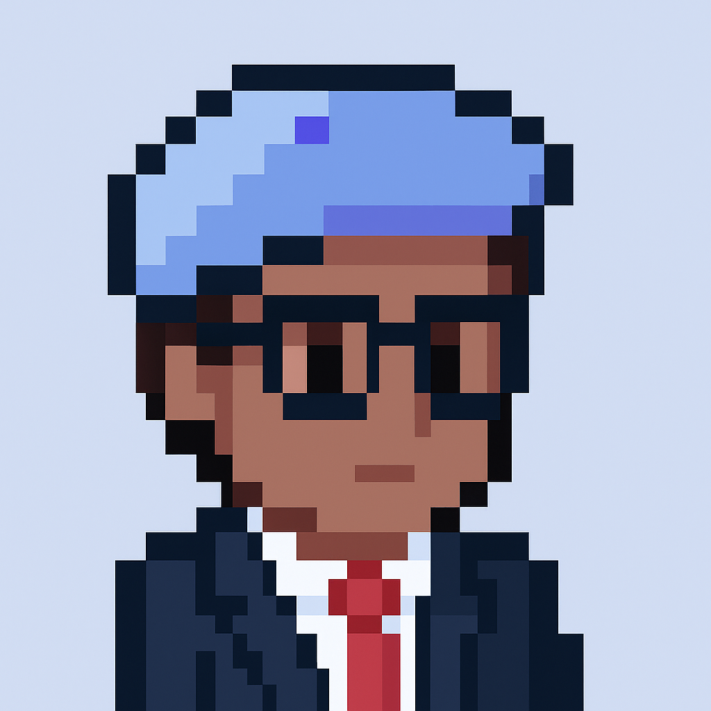 Campaign Performance Review Agent avatar - professional AI assistant for public relations managers with pixel art style design featuring dark suit and glasses