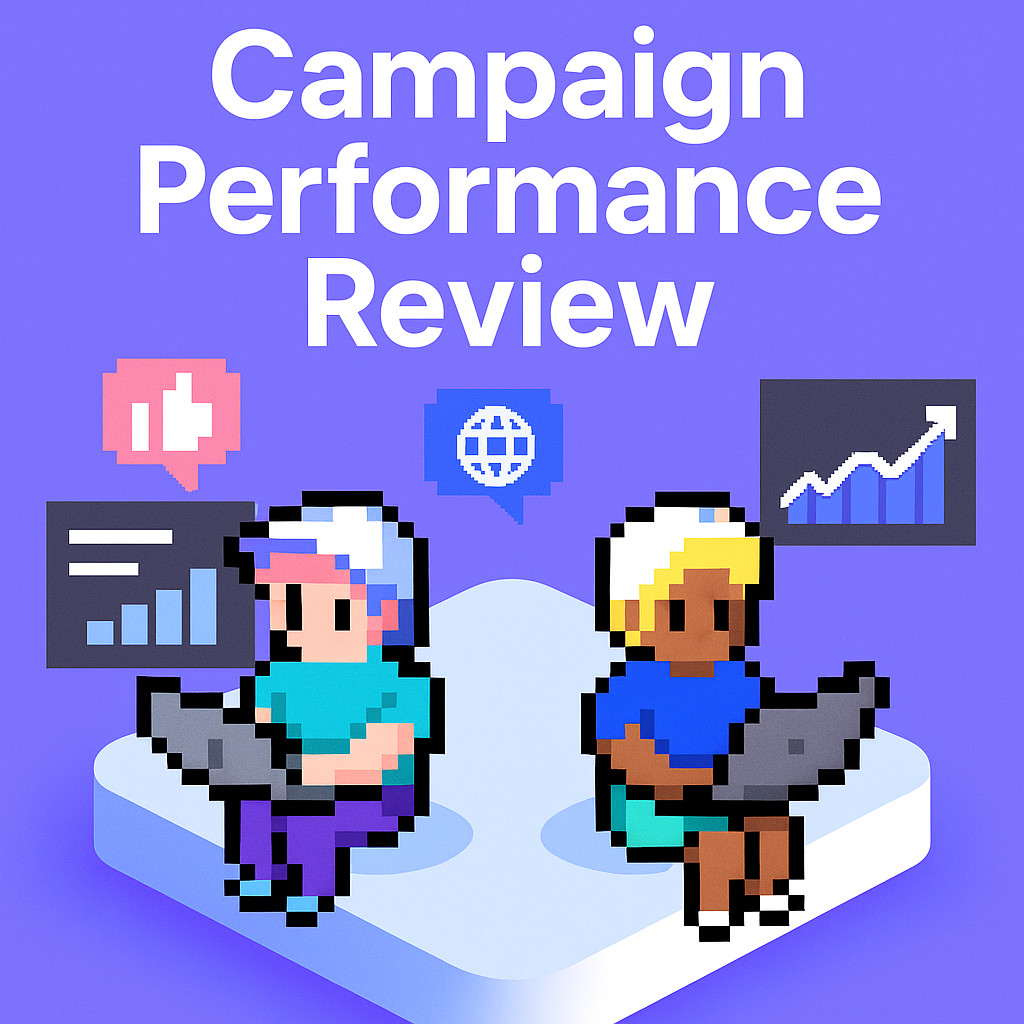Campaign Performance Review - two PR professionals analyzing campaign data with laptops, surrounded by performance metrics icons including thumbs up, globe, bar graphs and trend charts