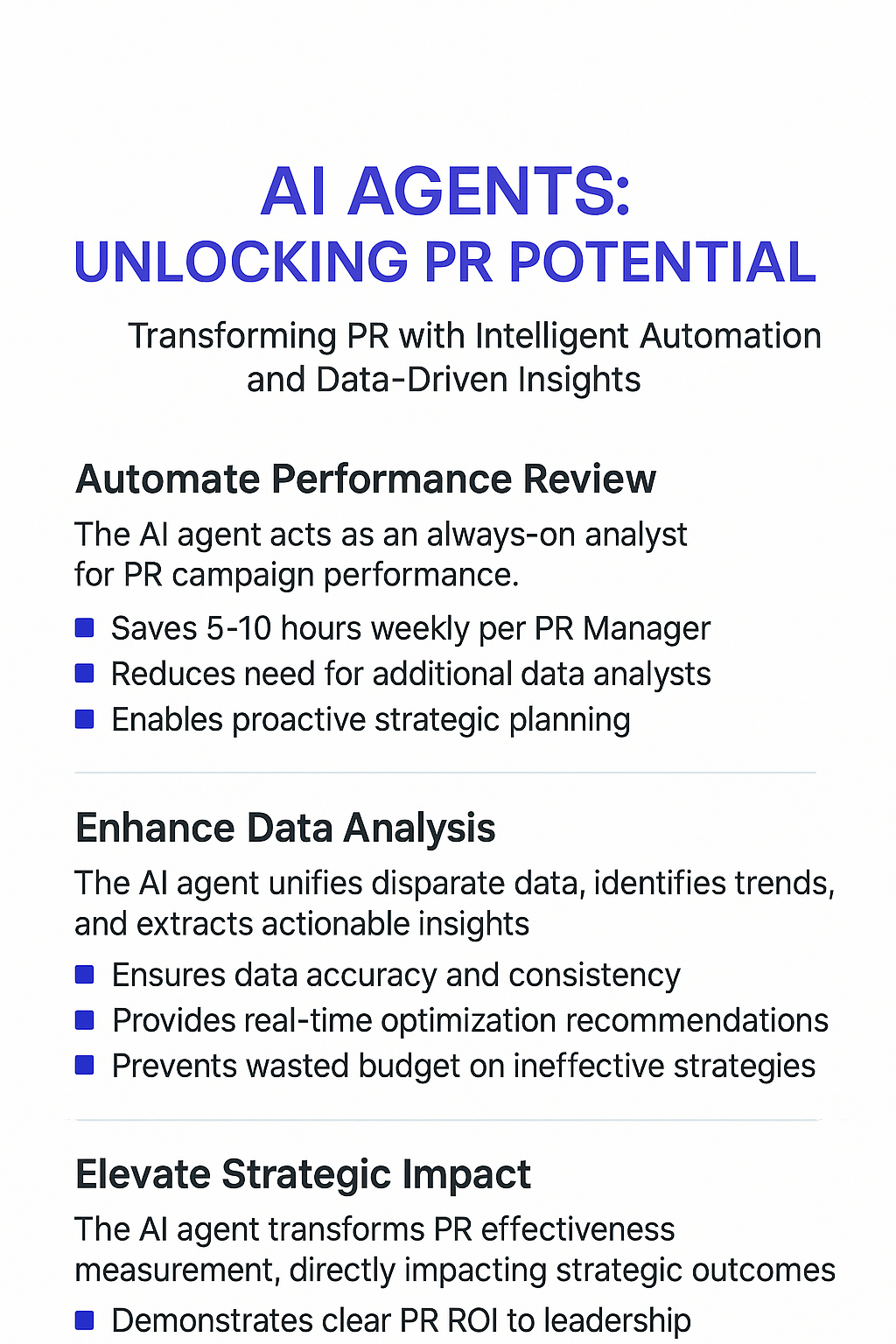 AI Agents Unlocking PR Potential infographic - transforming PR with intelligent automation and data-driven insights, showing automated performance review, enhanced data analysis, and elevated strategic impact for public relations managers