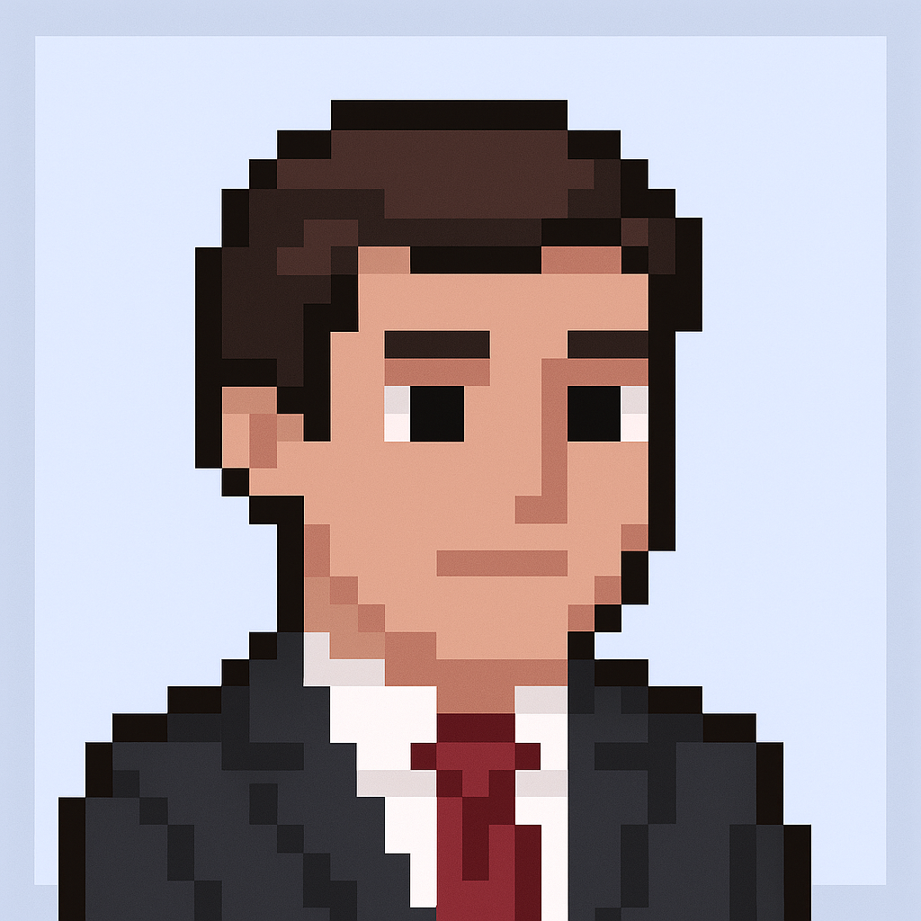 Professional key account manager avatar in pixel art style for client escalation issue resolution agent - business professional in black suit with red tie