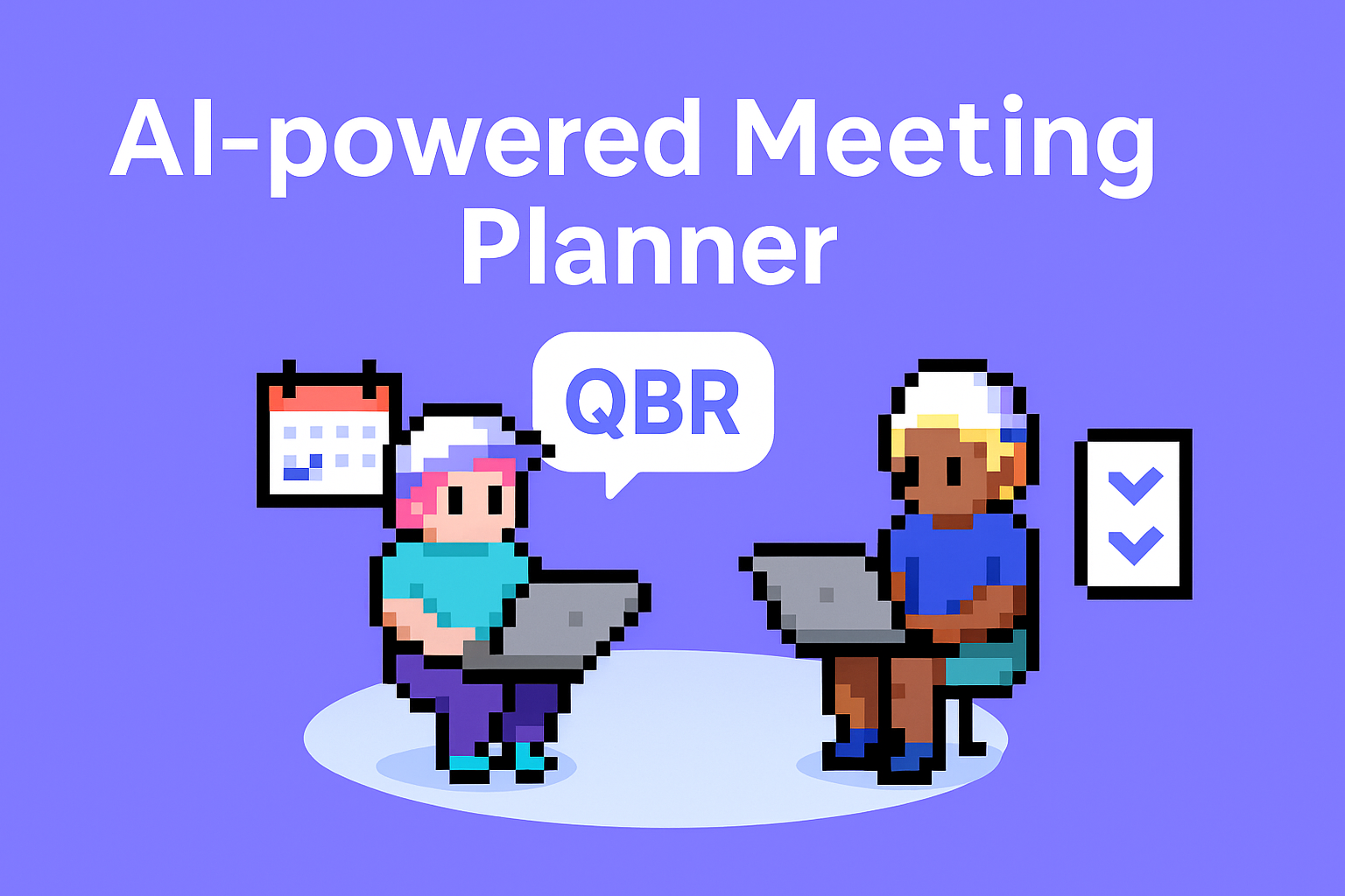 AI-powered Meeting Planner QBR illustration showing two customer success managers with laptops, calendar and checklist icons for quarterly business review automation