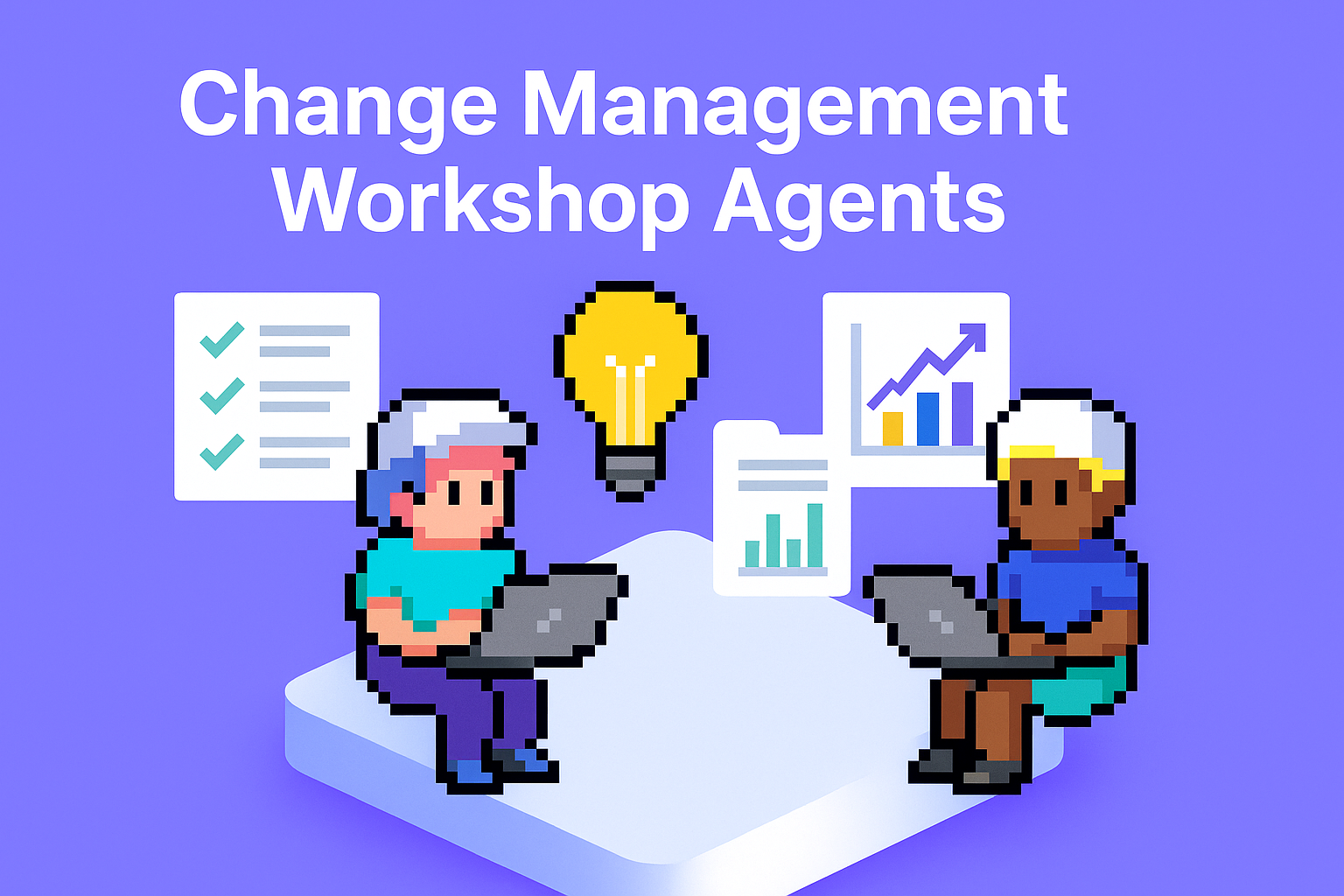 Change Management Workshop Agents - two digital transformation managers collaborating with AI technology, laptops, and data analytics charts for organizational change planning