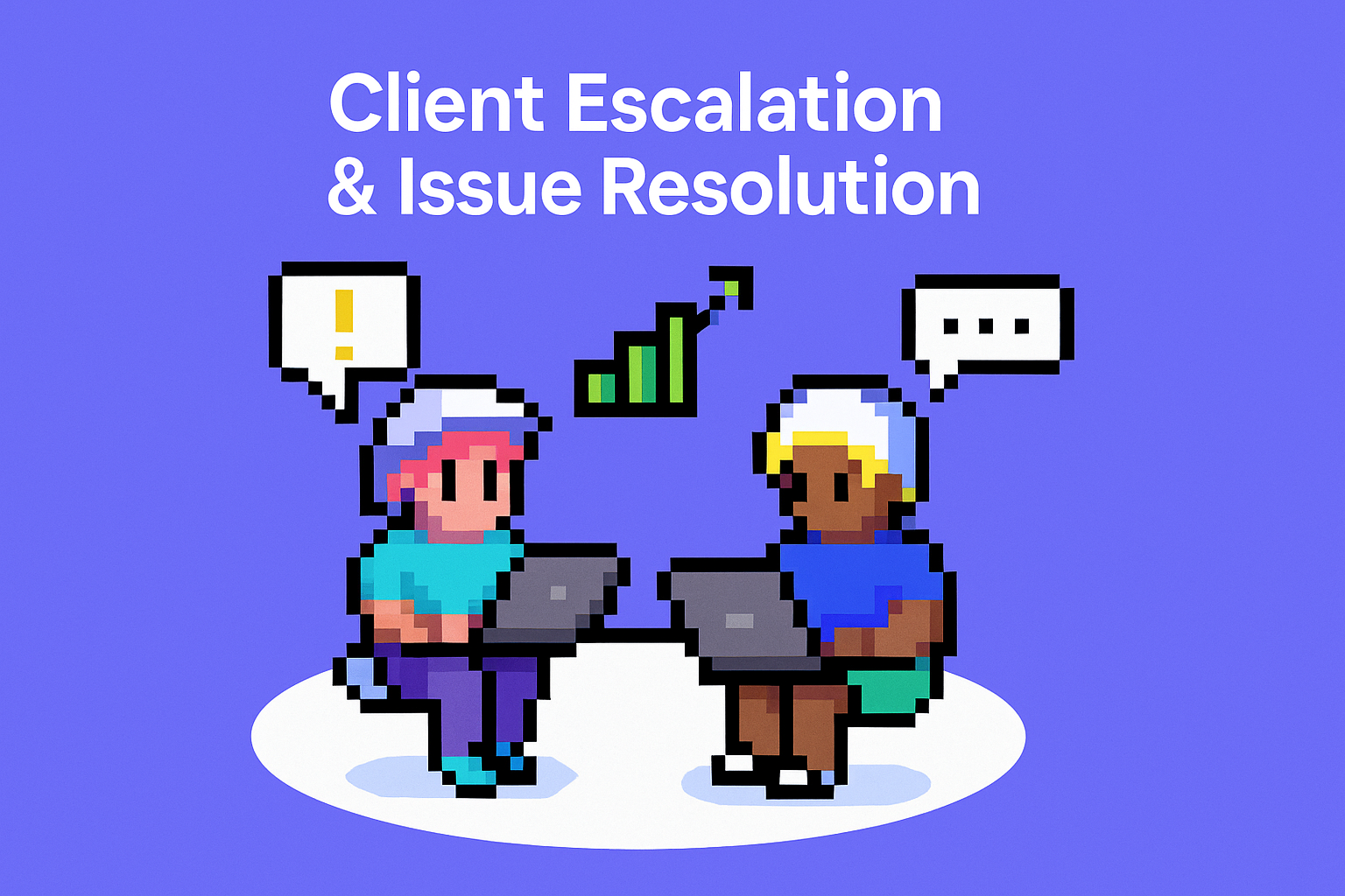 Client Escalation & Issue Resolution - Two key account managers collaborating on laptops with speech bubbles showing escalation communication process