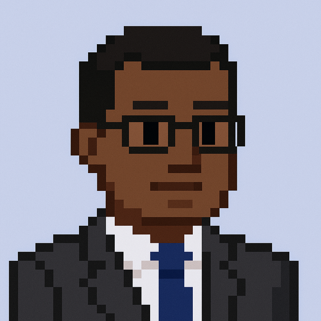 Professional business operations manager avatar in pixel art style for client onboarding automation agent - suited figure with glasses representing AI-powered meeting planning expertise
