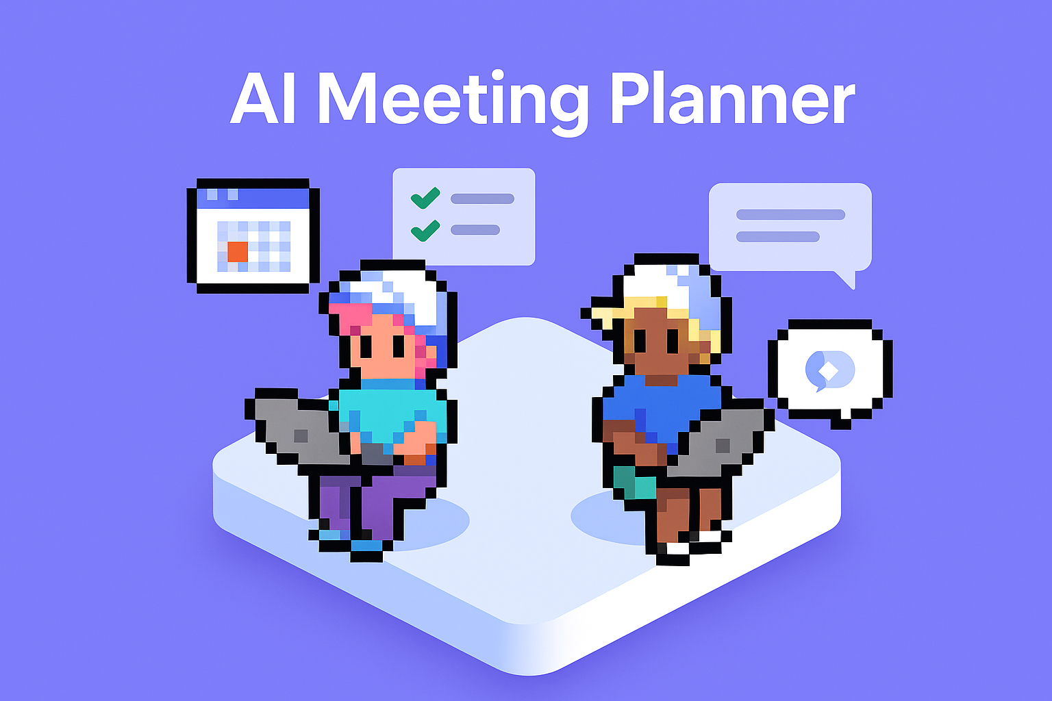AI Meeting Planner - Two business professionals using laptops for client onboarding automation with calendar and checklist icons showing automated meeting planning workflow