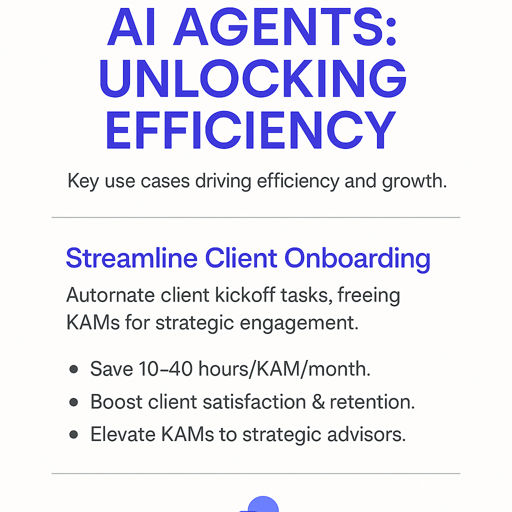 AI Agents: Unlocking Efficiency infographic showing streamlined client onboarding process that saves 10-40 hours per KAM per month, boosts client satisfaction and retention, and elevates KAMs to strategic advisors