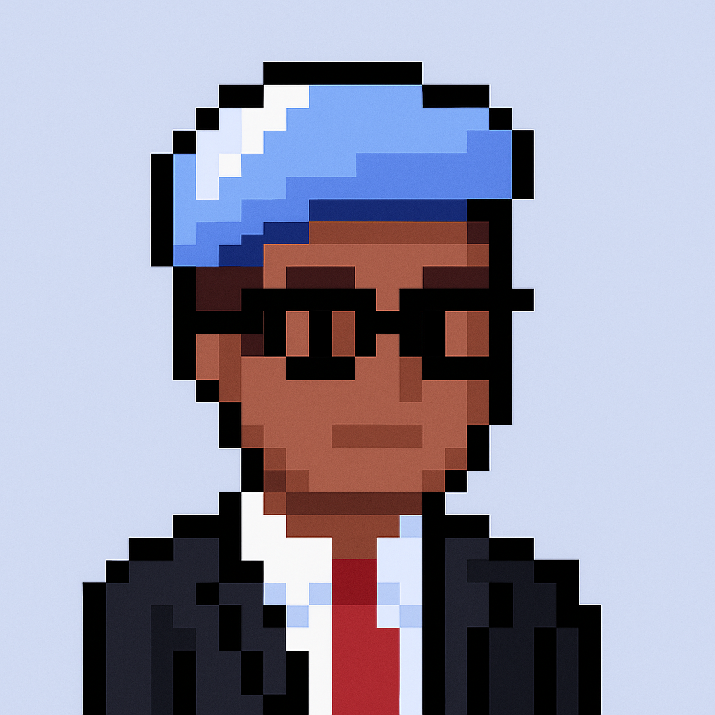Professional AI agent avatar for brand managers specializing in client onboarding for agencies - pixel art character with glasses and business attire representing automated meeting planning solutions