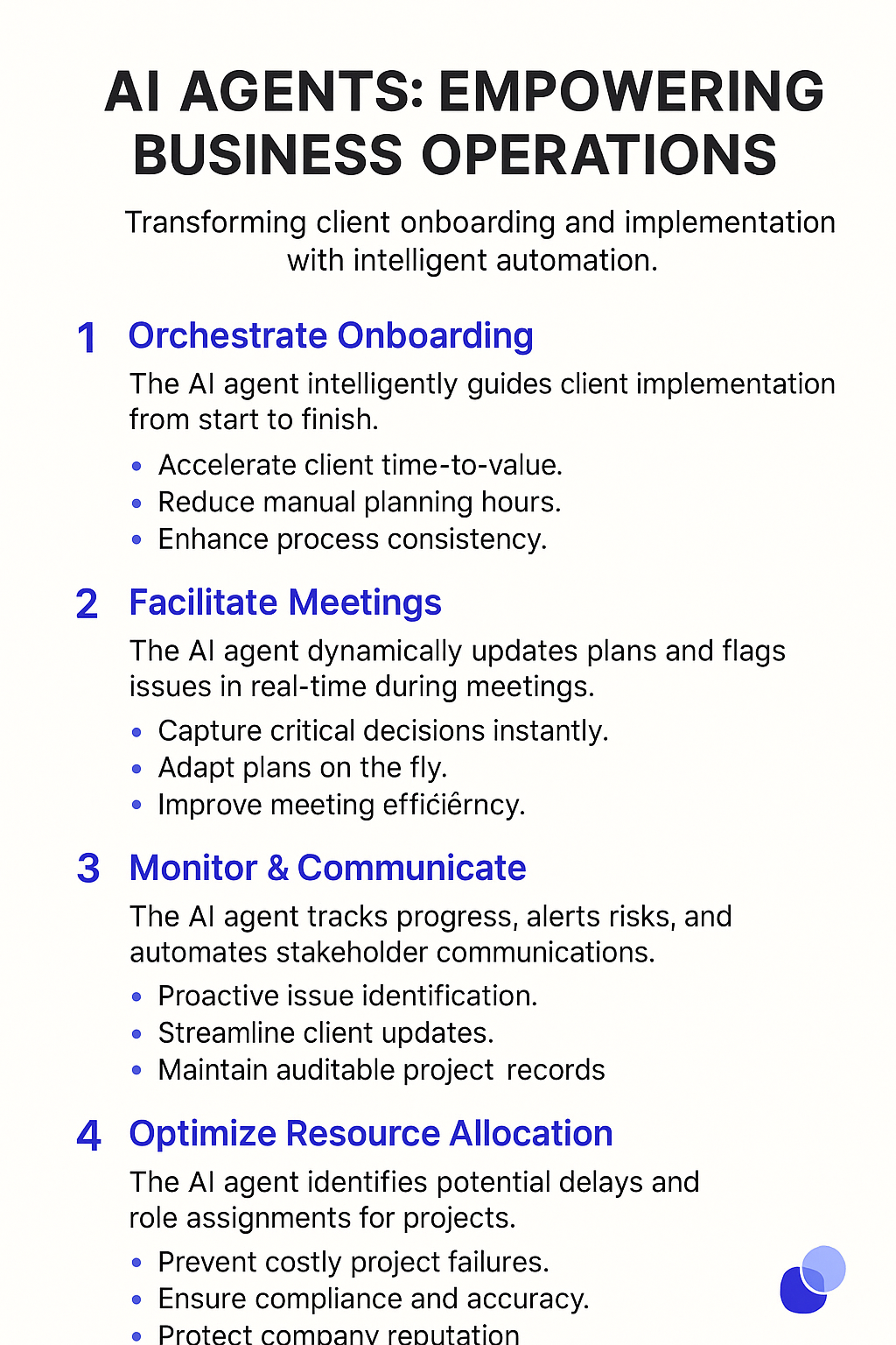 AI Agents Empowering Business Operations infographic showing four key areas - orchestrate onboarding, facilitate meetings, monitor and communicate, optimize resource allocation for automated client implementation processes