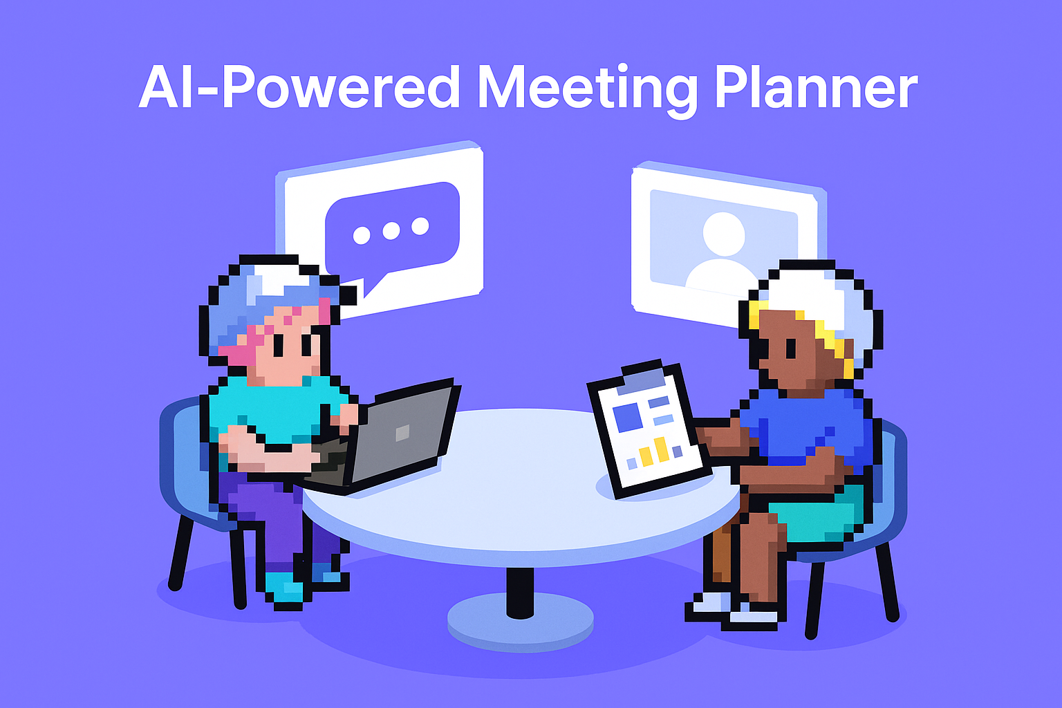 AI-Powered Meeting Planner illustration showing two professionals collaborating at a meeting table with digital screens displaying client onboarding process and agency onboarding best practices
