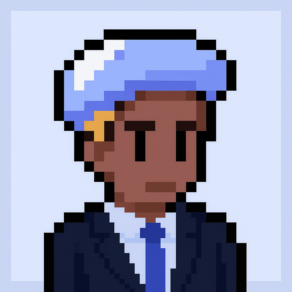Professional AI agent avatar for client onboarding meeting automation - pixel art character in business suit representing Experience Design Manager assistant