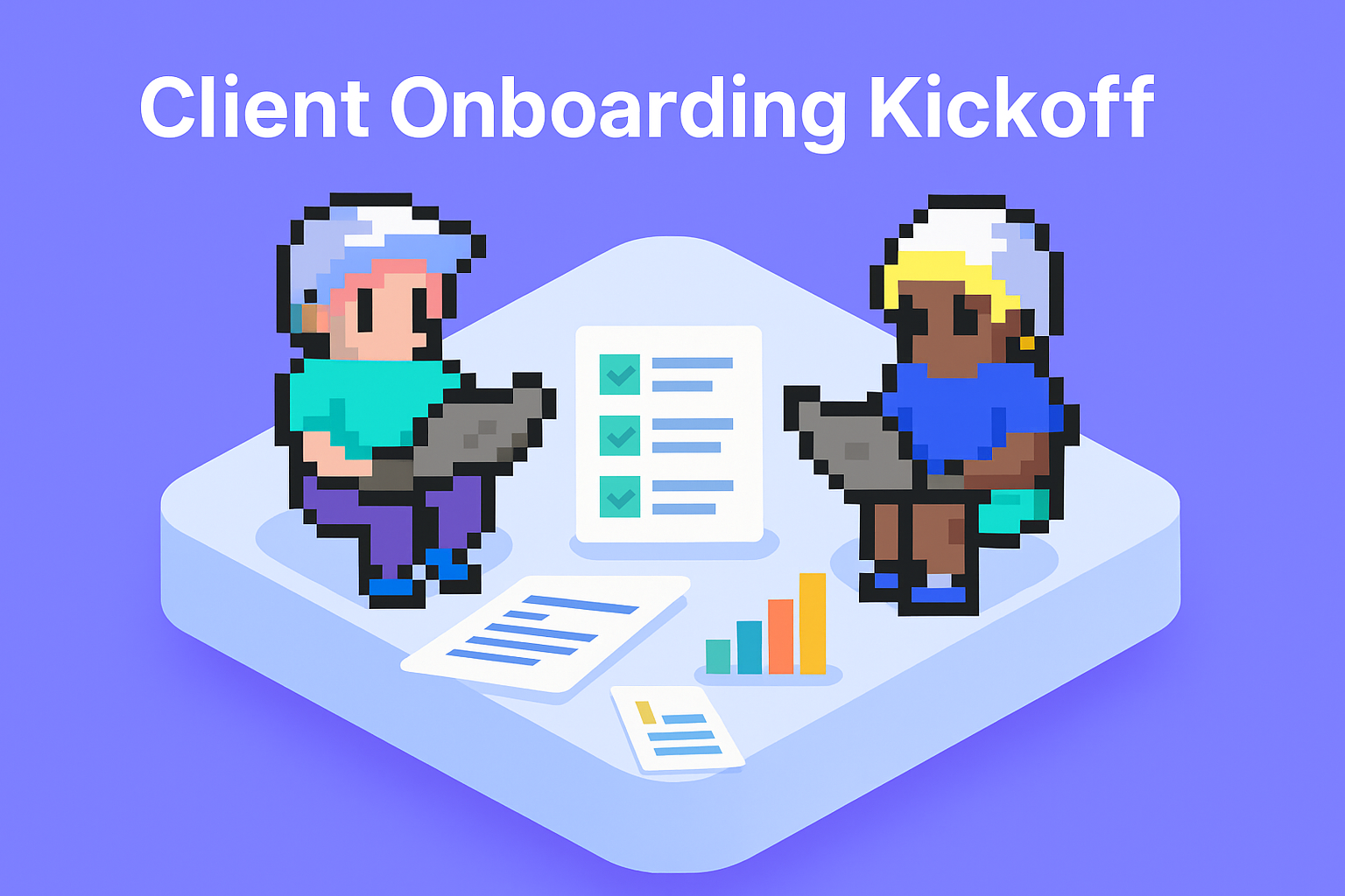 Client Onboarding Kickoff meeting illustration showing two professionals with laptops discussing customer onboarding checklist and project timelines with data charts