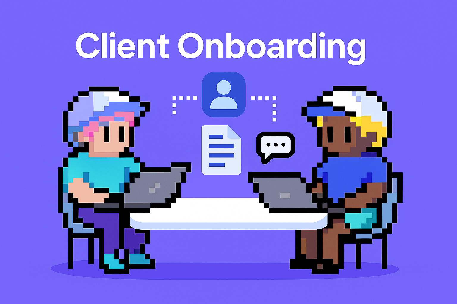 Client Onboarding AI agents automating meeting preparation - two professionals collaborating with laptops showing client onboarding process workflow