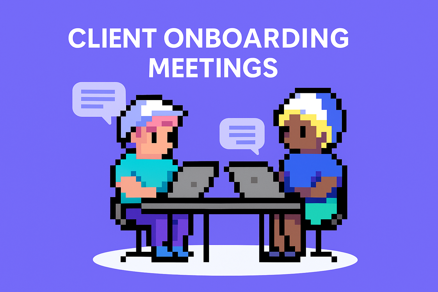 CLIENT ONBOARDING MEETINGS - Two pixel-art professionals collaborating at laptops with speech bubbles showing AI-powered meeting automation for key account managers