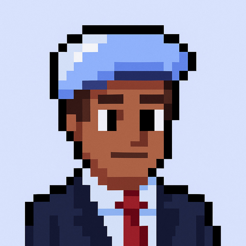 Professional AI agent avatar for client onboarding meeting agent - pixel art character in business suit representing key account manager automation