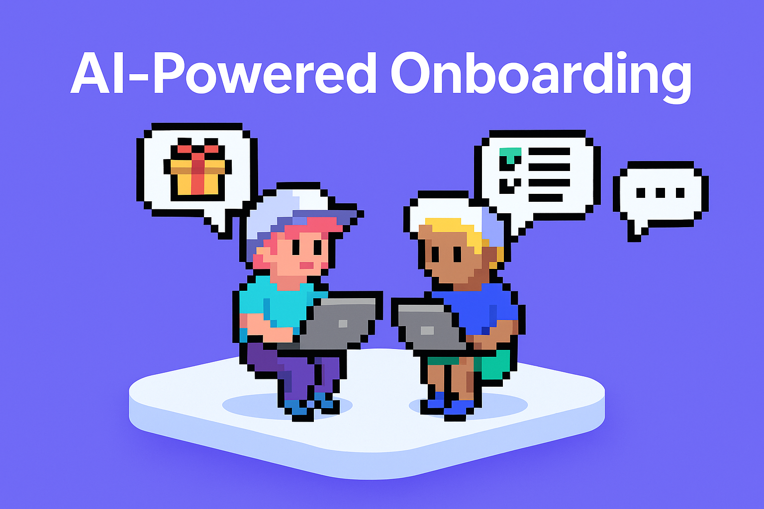AI-Powered Onboarding - Two professionals collaborating on client onboarding process with laptops, gift and checklist icons showing automated welcome packages and milestone tracking