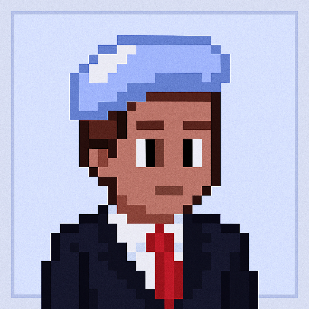 Professional AI agent avatar for client onboarding - pixel art character in business suit representing key account manager meeting assistant