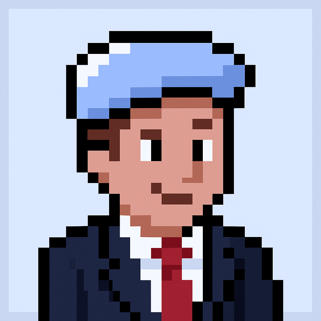 Professional key account manager AI agent avatar in pixel art style with blue cap and business suit for client onboarding automation