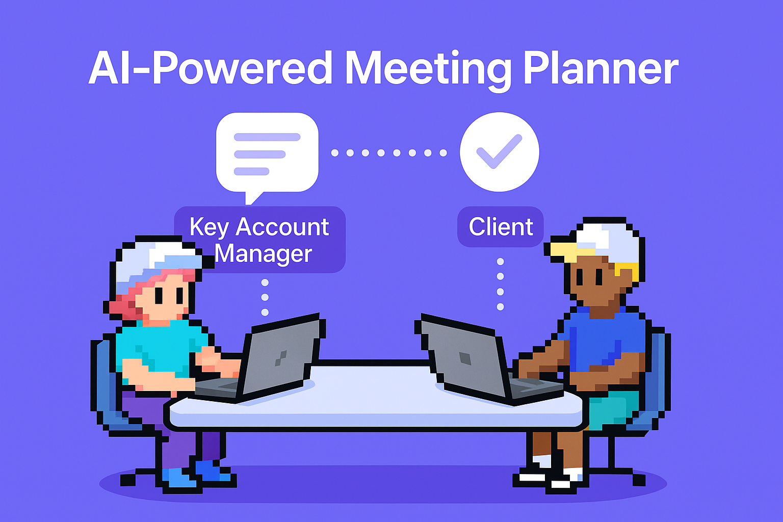 AI-Powered Meeting Planner illustration showing Key Account Manager and Client collaboration for client onboarding meetings automation