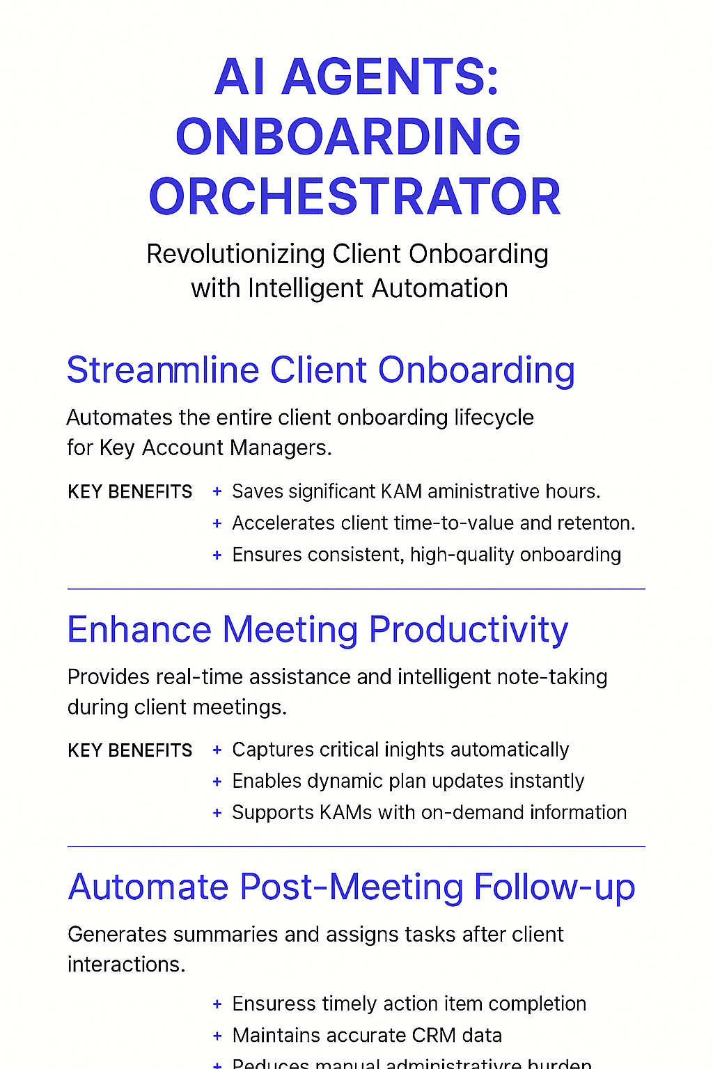 AI Agents Onboarding Orchestrator infographic - streamline client onboarding process, enhance meeting productivity, and automate post-meeting follow-up for key account managers