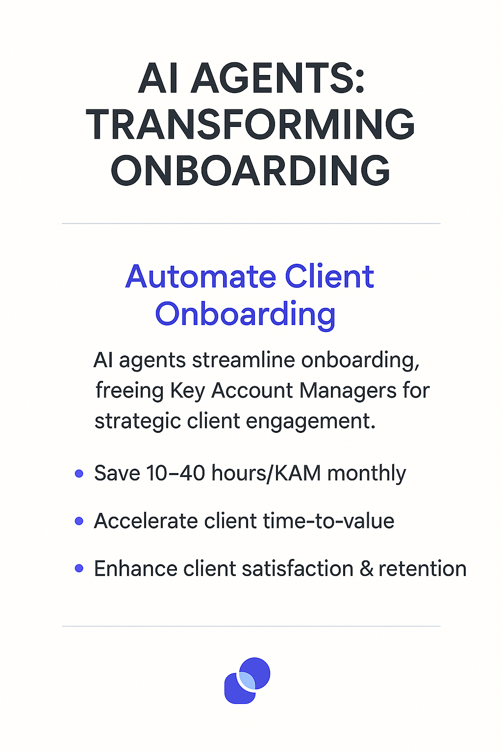 AI Agents Transforming Onboarding infographic - automate client onboarding process saving 10-40 hours monthly for Key Account Managers, accelerate client time-to-value, enhance client satisfaction and retention
