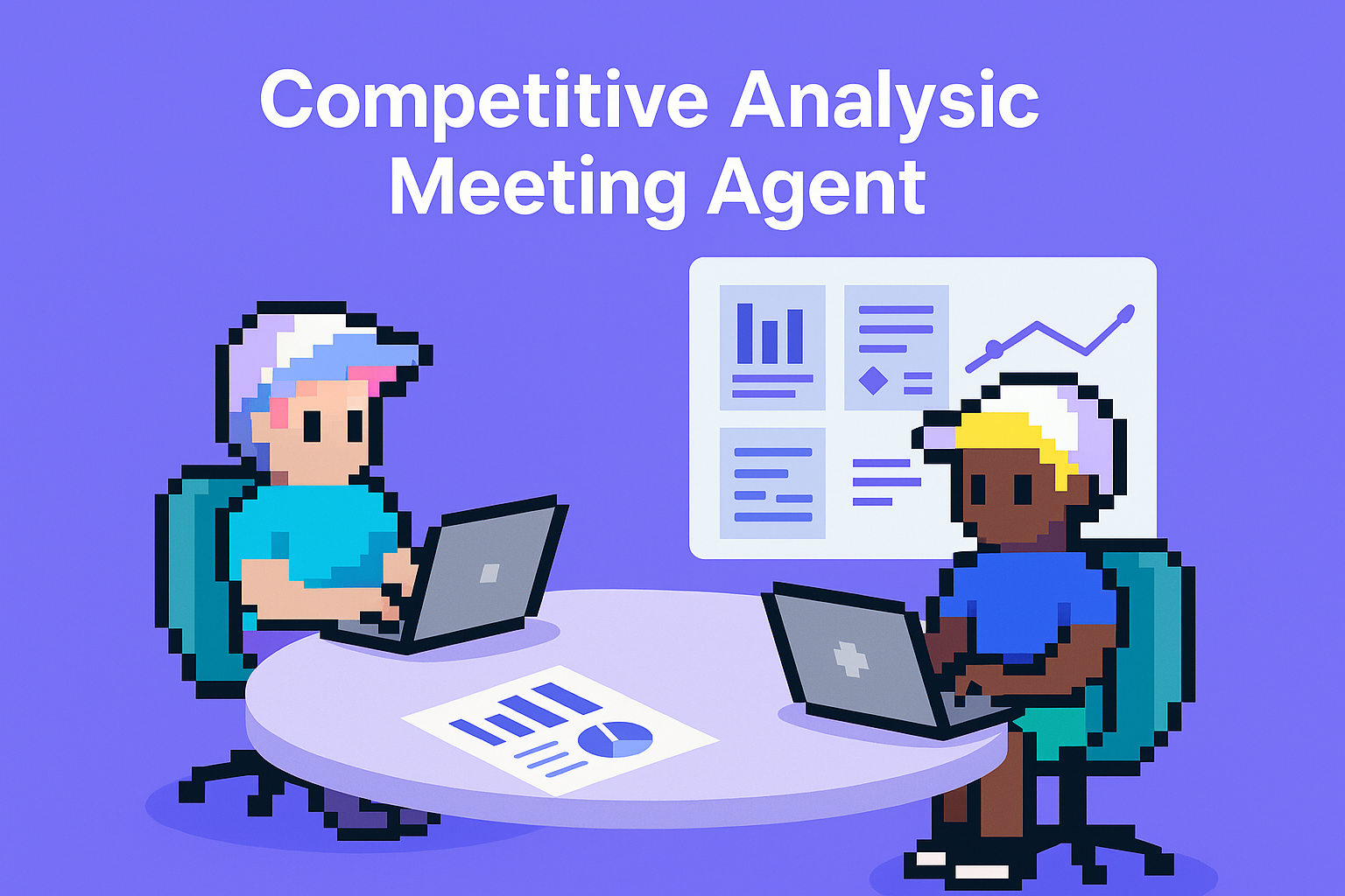 Competitive Analysis Meeting Agent - two business professionals collaborating with laptops and market research charts for strategic competitor analysis and market research