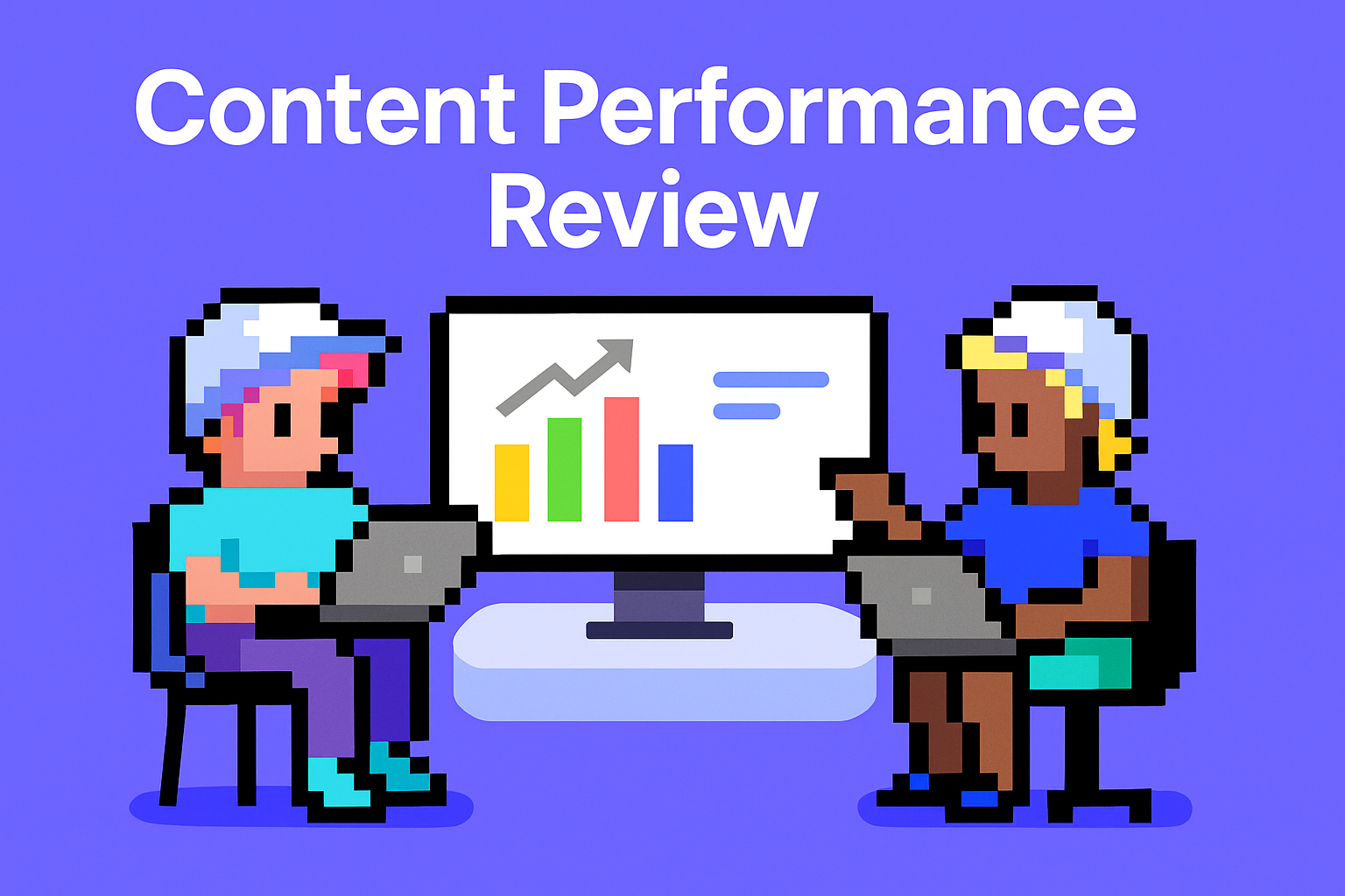 Content Performance Review meeting agent illustration showing two content strategy managers analyzing performance data and metrics on laptops with dashboard display