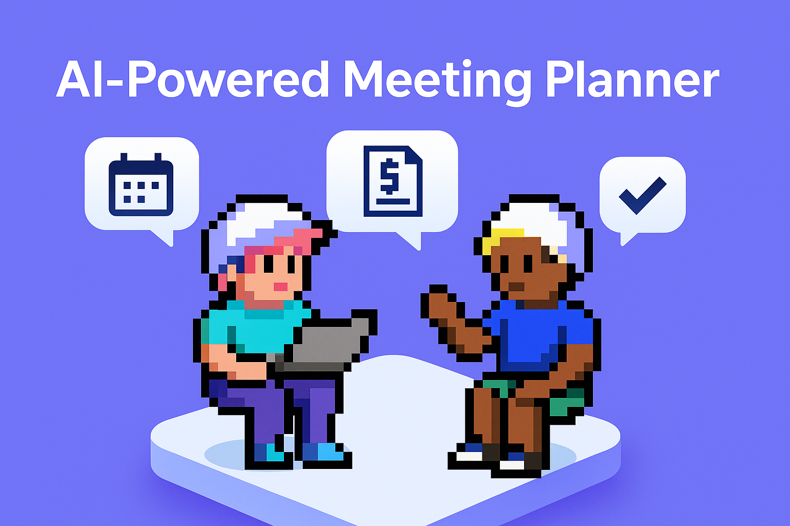AI-Powered Meeting Planner - Contract renewal process automation with two professionals discussing contract strategy using calendar, pricing, and approval icons