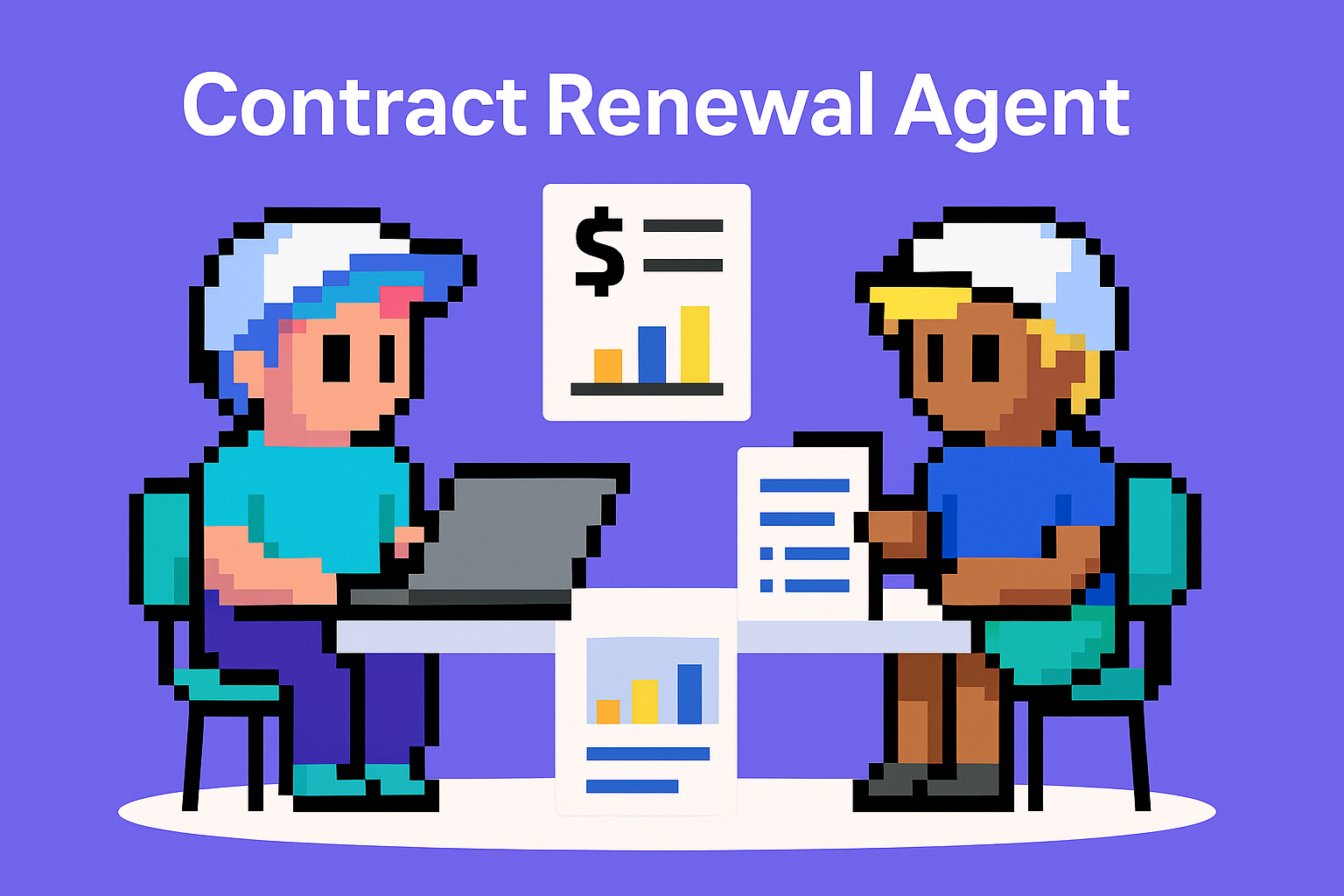 Contract Renewal Agent - AI-powered meeting assistant showing two professionals collaborating with laptop and documents, featuring financial charts and contract analysis tools