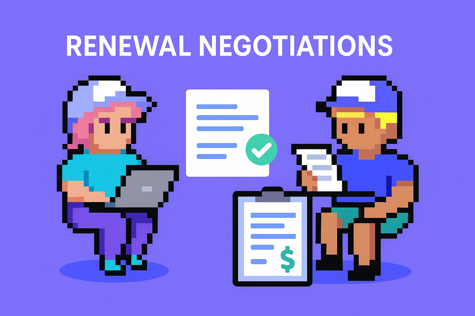 Contract renewal meeting agent illustration showing two professionals discussing renewal negotiations with laptop, documents, and dollar sign clipboard for customer portfolio managers