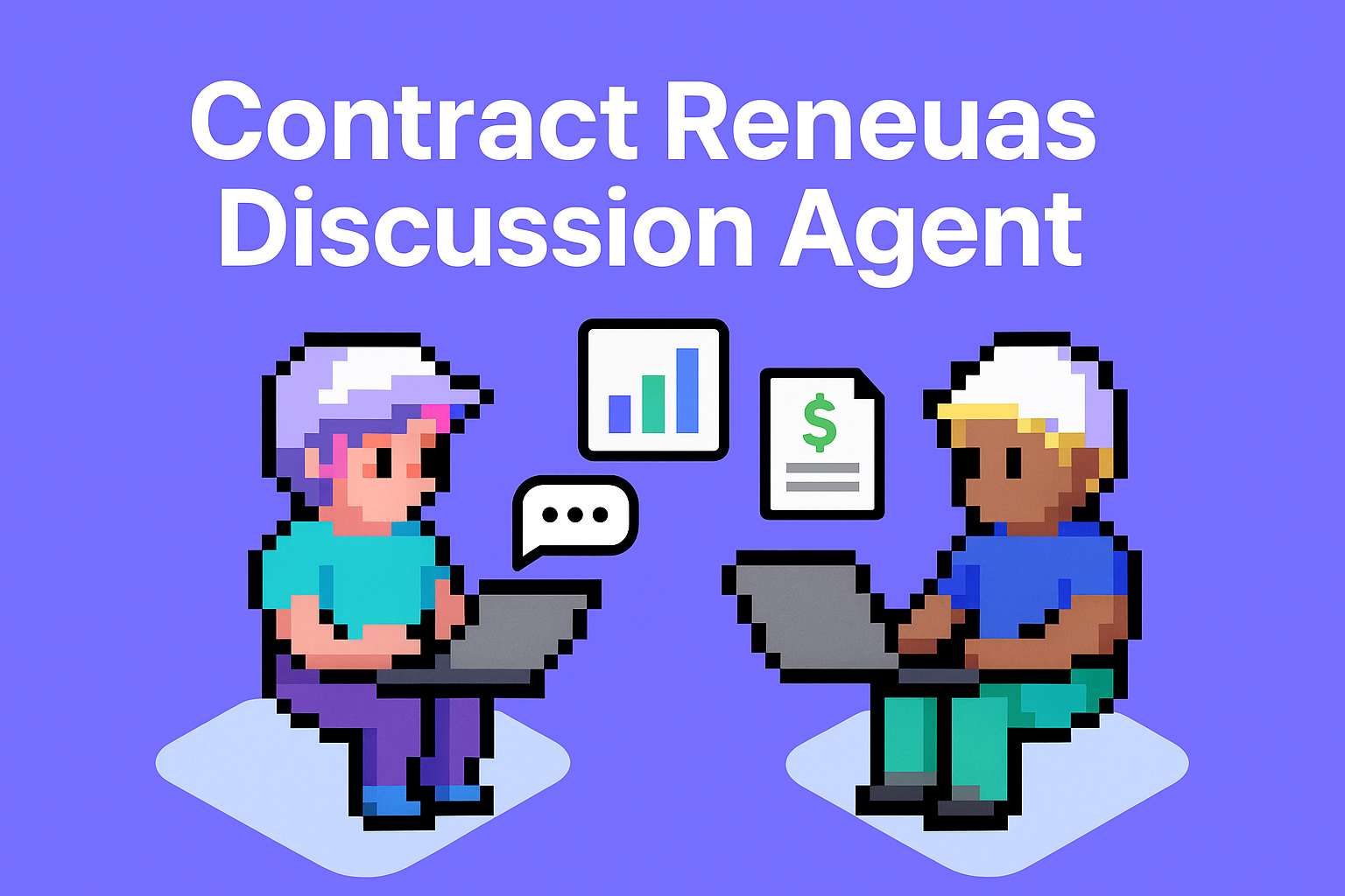 Contract Renewal Discussion Agent - Two professionals collaborating on contract renewal process with AI-powered analytics, pricing optimization, and document management tools