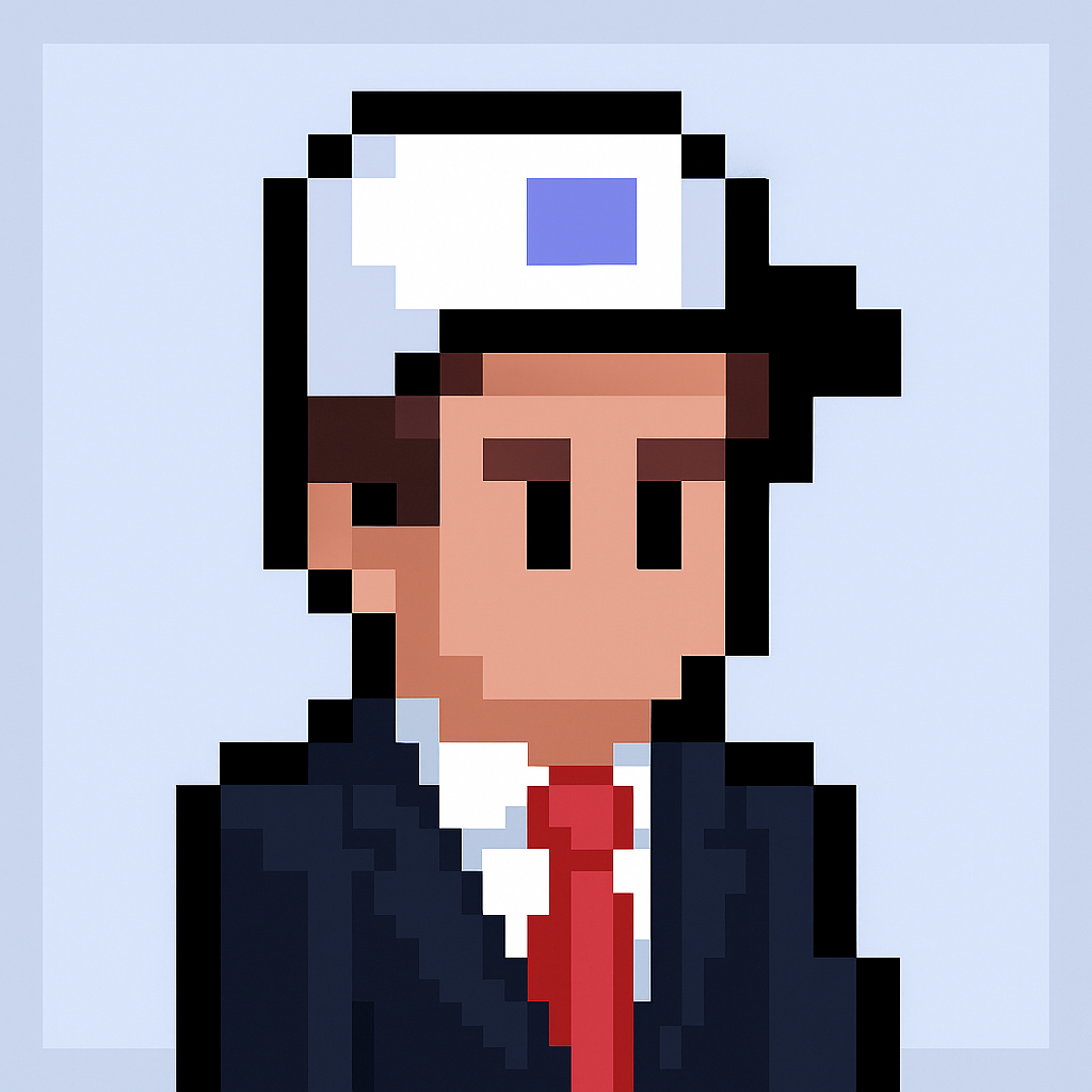 Professional pixel art avatar of contract renewal negotiation AI agent for commercial sales managers wearing business suit with red tie and white cap