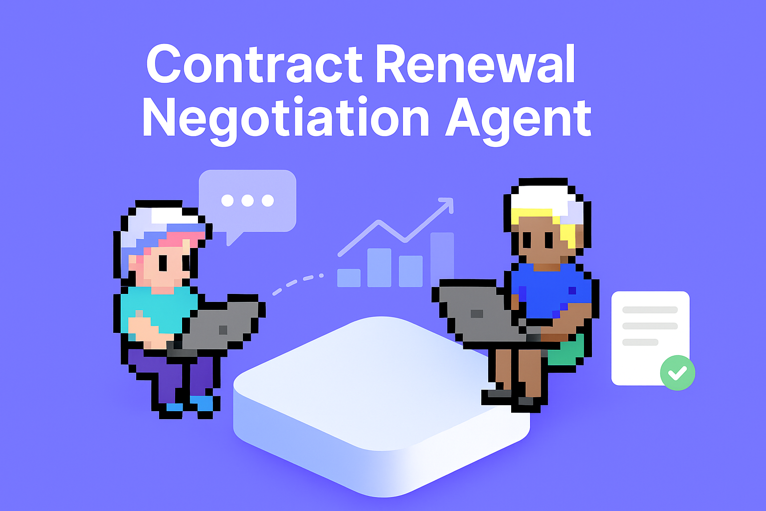 Contract Renewal Negotiation Agent - Two business professionals with laptops discussing how to negotiate contract renewal with rising chart and document checkmark in background