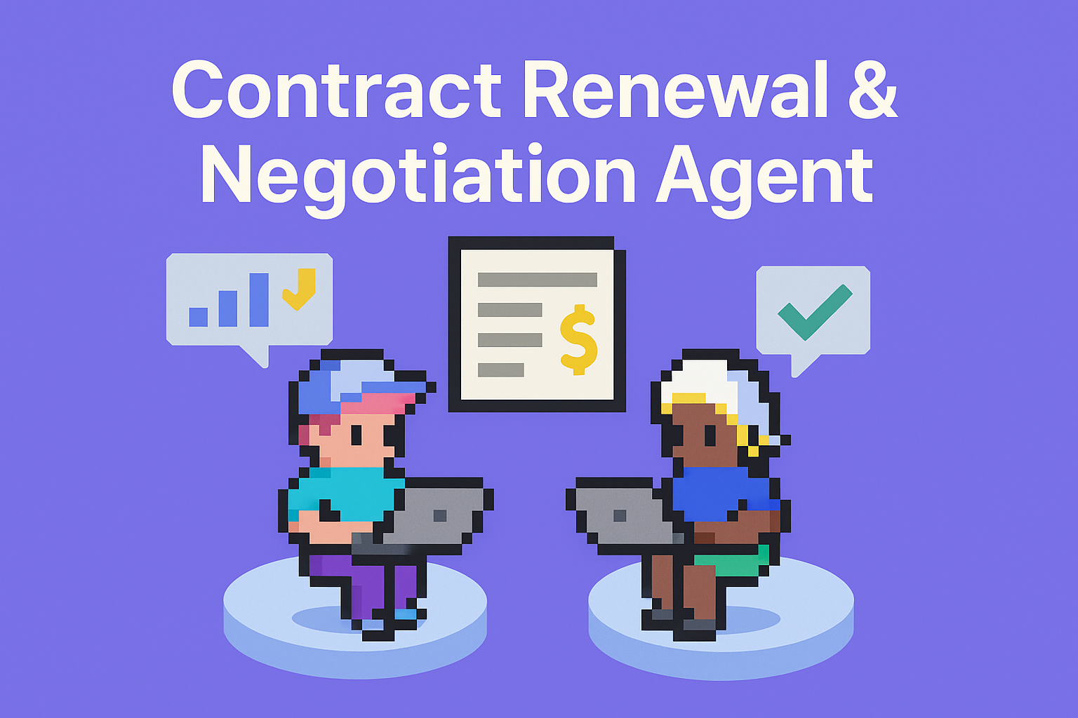 Contract Renewal & Negotiation Agent illustration showing two channel partner managers collaborating on contract negotiations with AI assistance and data analytics