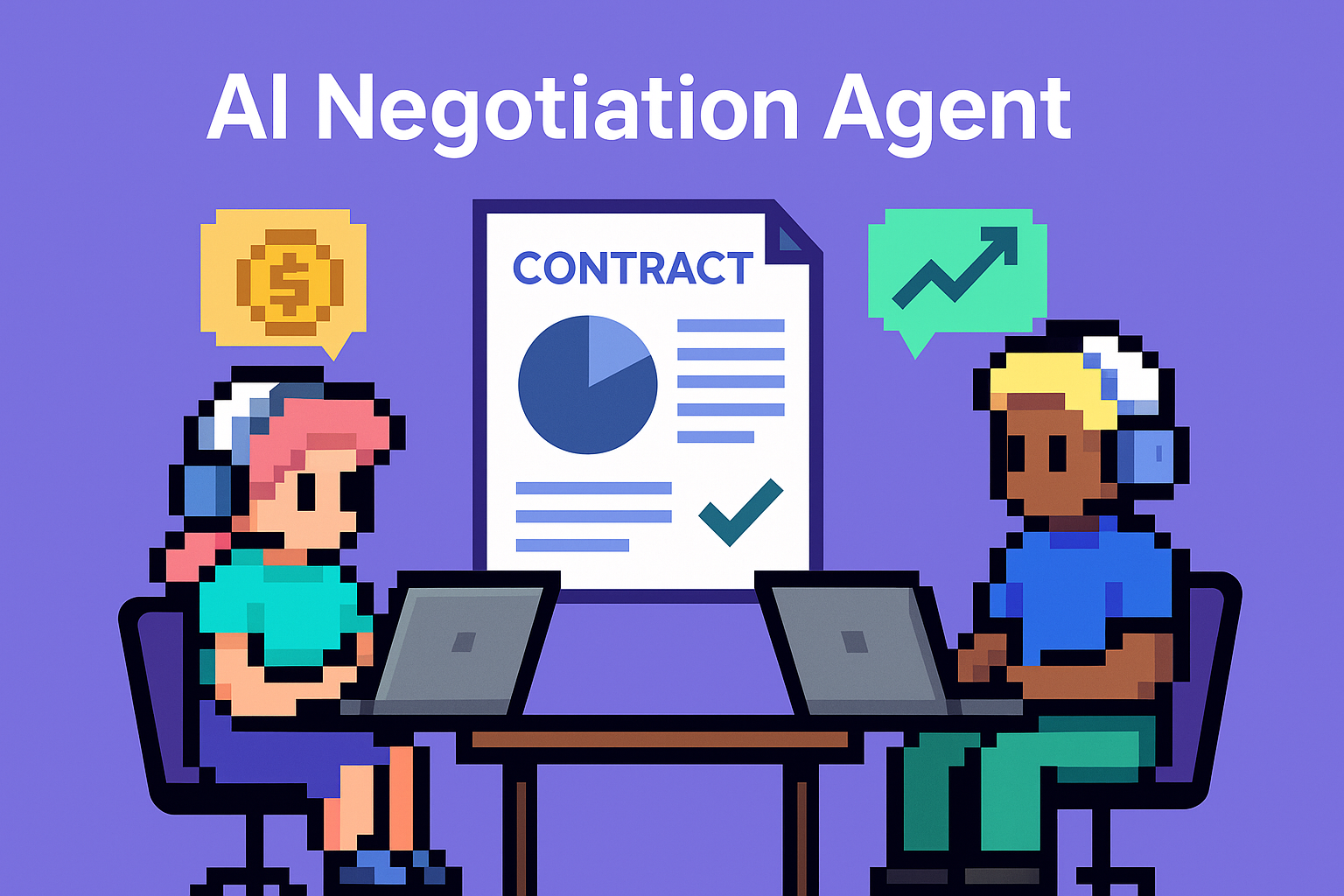 AI Negotiation Agent - two business professionals using contract renewal negotiation software with CONTRACT document showing automated analysis for business operations managers