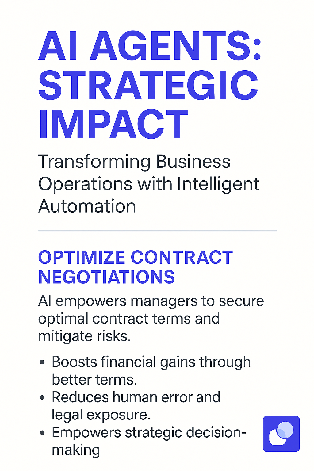 AI AGENTS: STRATEGIC IMPACT infographic showing how to optimize contract negotiations - transforming business operations with intelligent automation to boost financial gains and reduce legal exposure