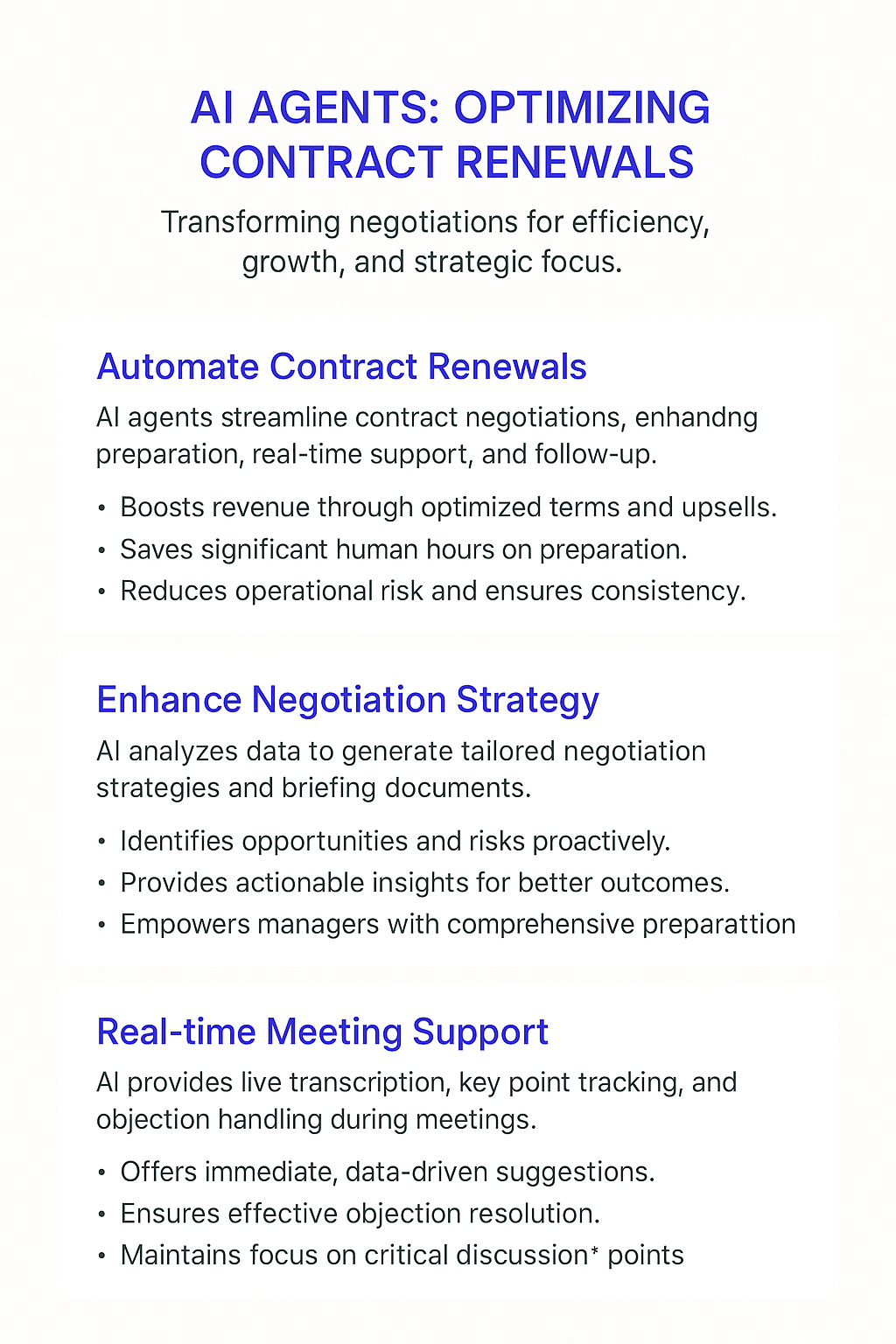 AI Agents: Optimizing Contract Renewals infographic showing automated contract renewals, enhanced negotiation strategy, and real-time meeting support for experience design managers