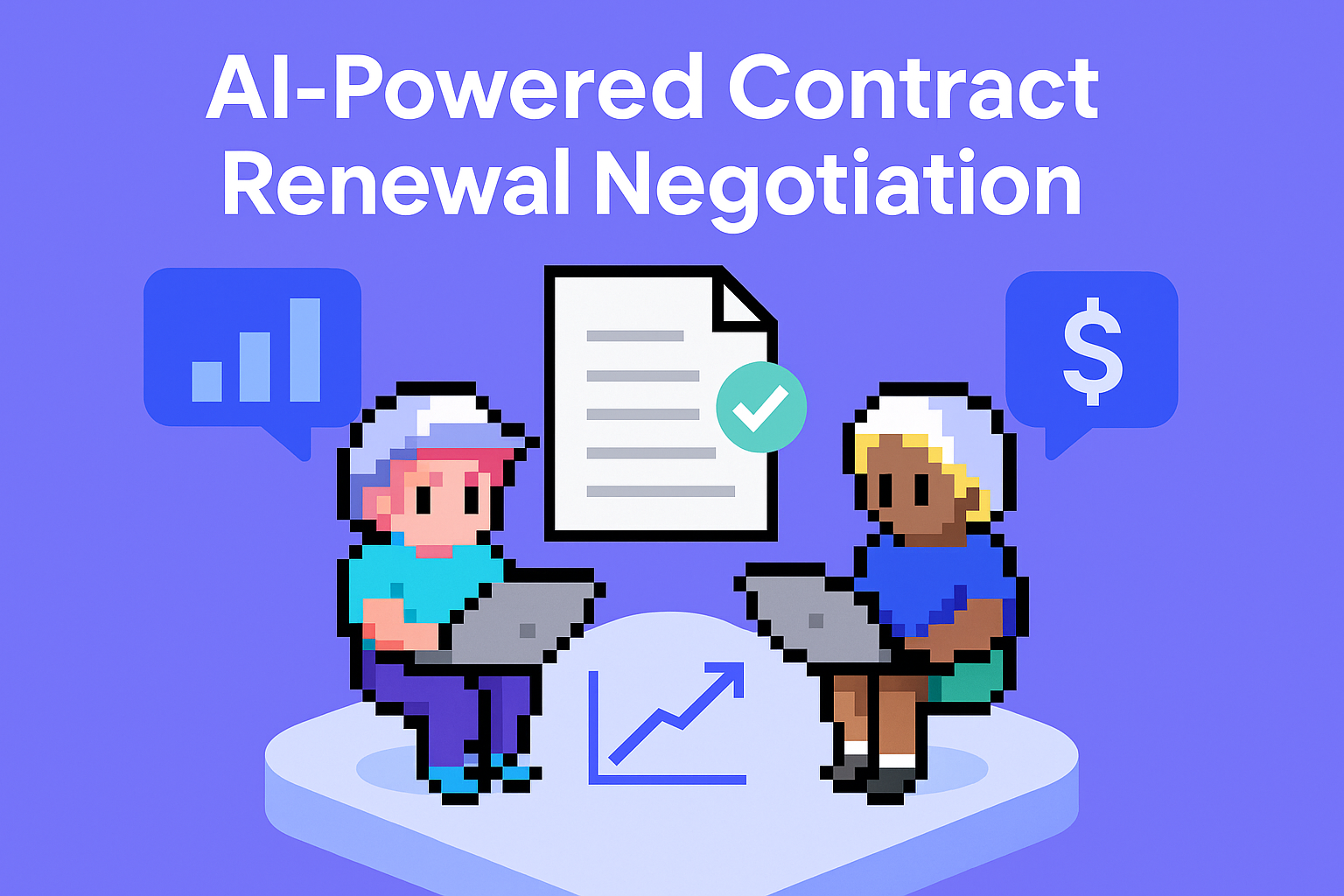 AI-Powered Contract Renewal Negotiation - two professionals using laptops with data analysis and contract icons showing automated negotiation process for Key Account Managers