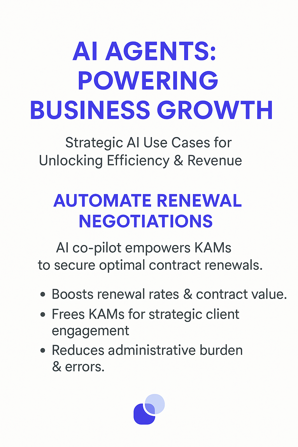 AI Agents Powering Business Growth infographic - Strategic AI Use Cases for Unlocking Efficiency & Revenue through automated renewal negotiations for key account managers