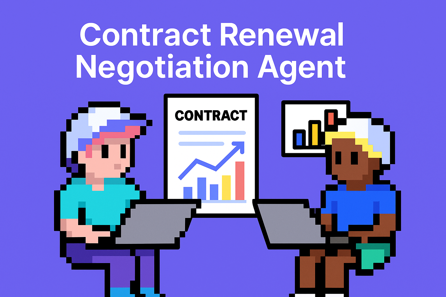 Contract Renewal Negotiation Agent - pixel art illustration showing two key account managers using AI automation for contract renewal negotiations with performance analytics and contract documents
