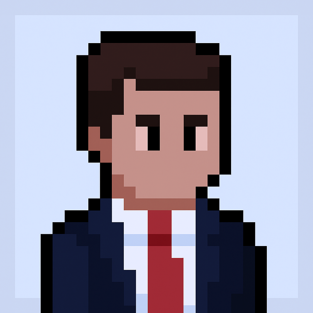Professional AI agent avatar for contract renewal negotiation - pixel art style key account manager in business suit with red tie
