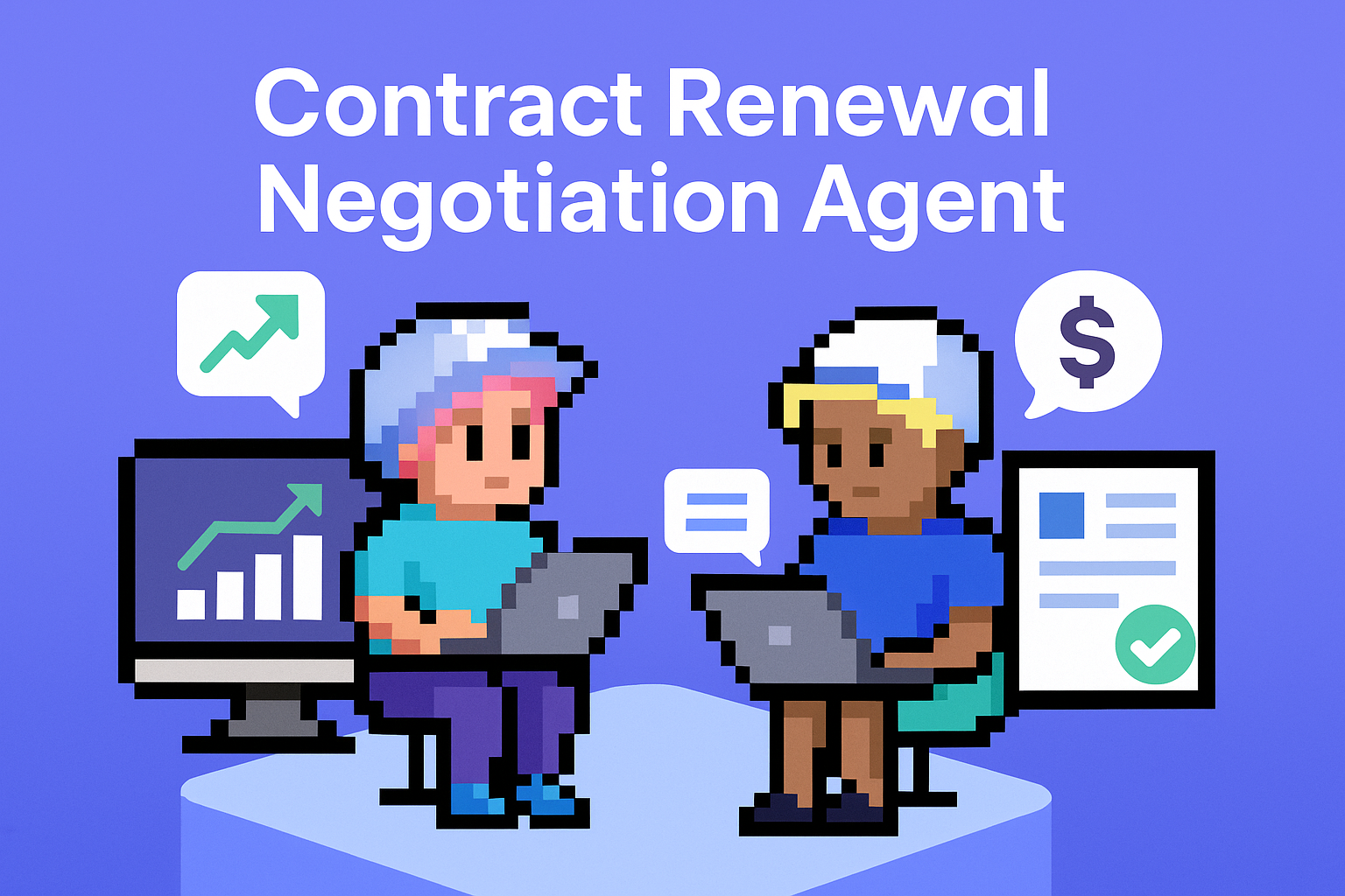 Contract Renewal Negotiation Agent - two business professionals collaborating on contract negotiations with data analytics and growth charts in background