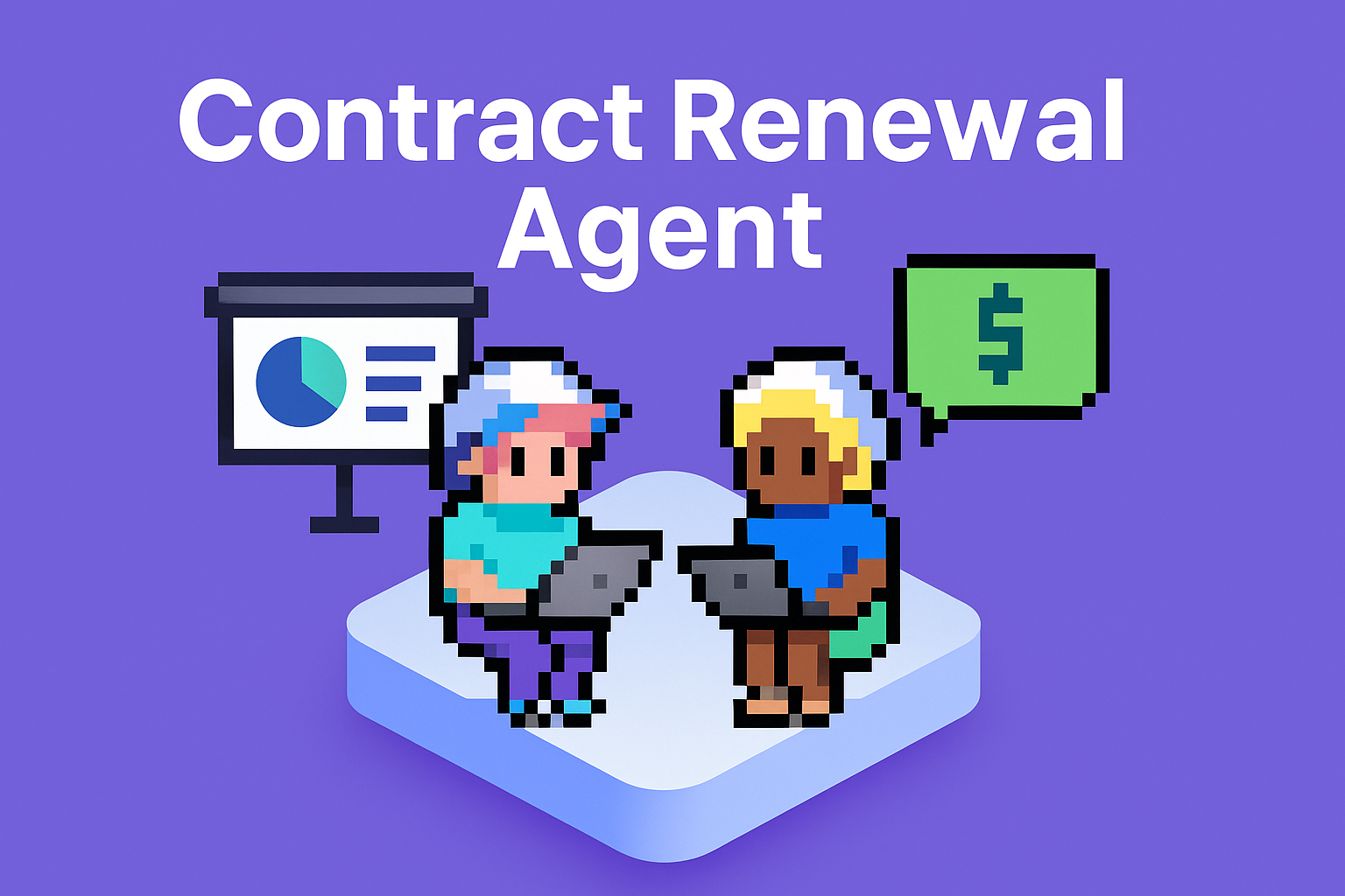 Contract Renewal Agent - AI-powered meeting planning for key account managers showing two professionals using laptops with presentation screen and dollar sign speech bubble