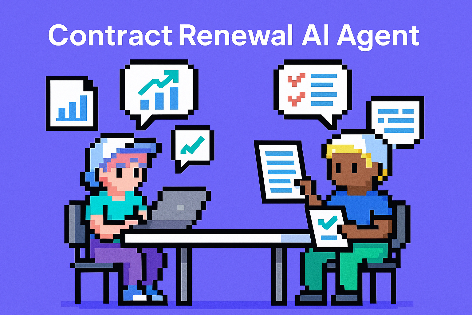 Contract Renewal AI Agent - two professionals discussing contract renewal negotiation with data analysis and agreement icons
