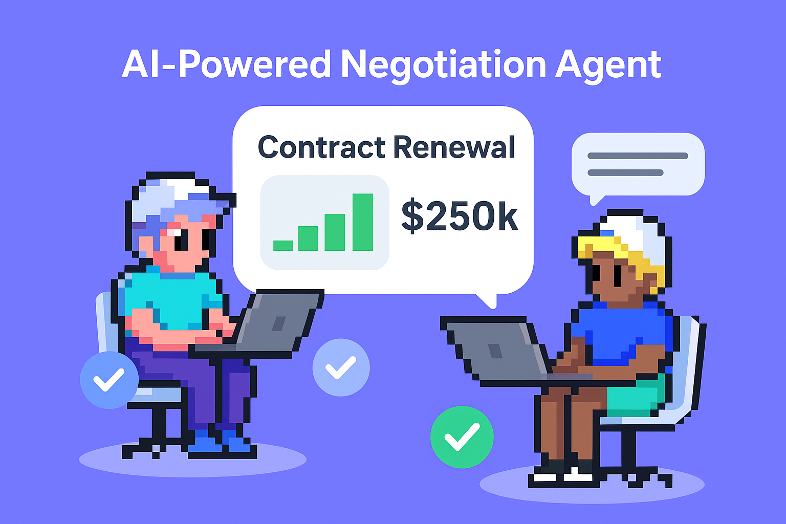 AI-Powered Negotiation Agent for contract renewal meetings showing two key account managers with laptops and $250k contract renewal success graph