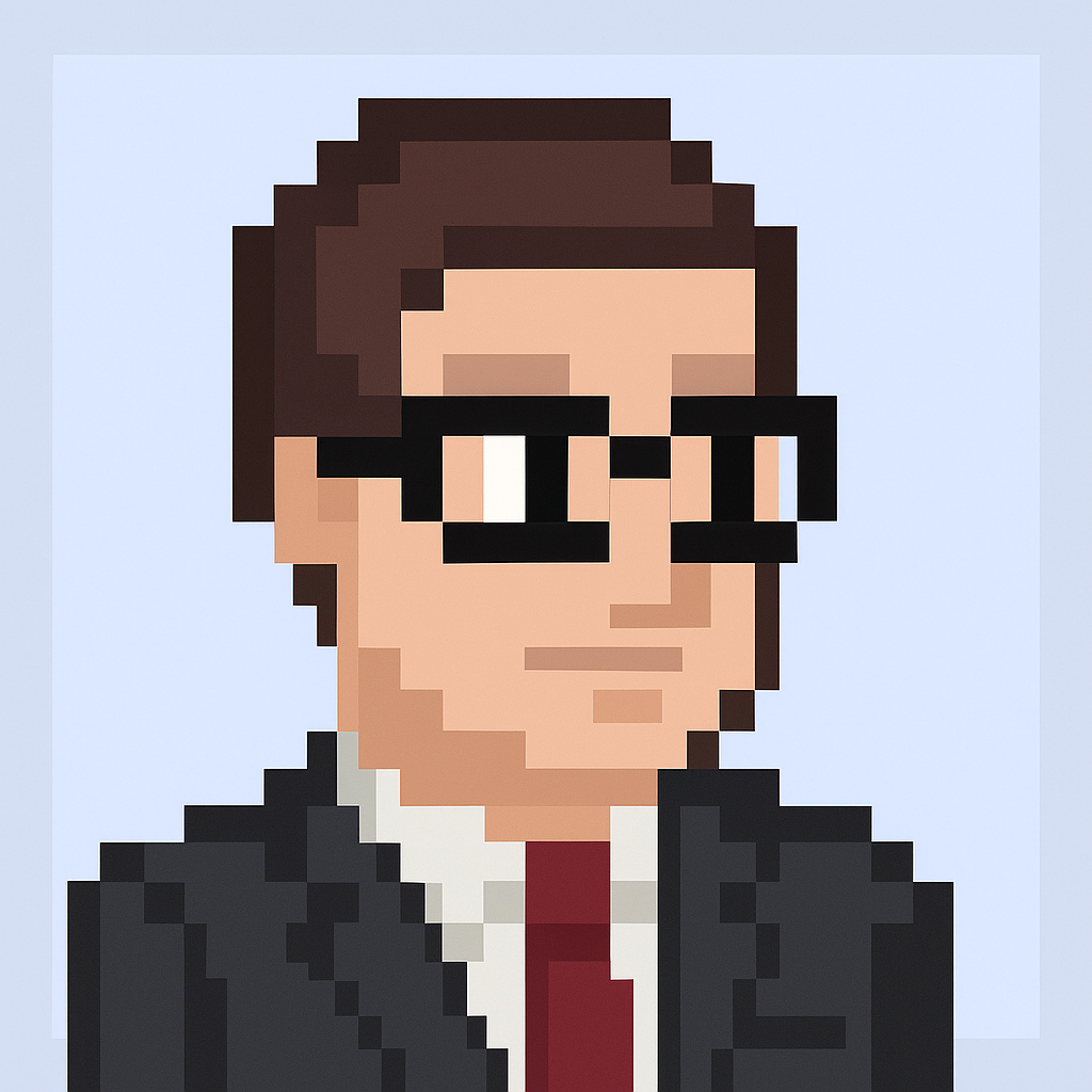Professional pixel art avatar of contract renewal negotiation agent for key account managers wearing glasses and business suit