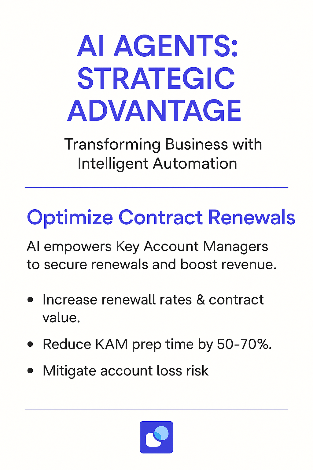 AI Agents Strategic Advantage infographic - Transforming Business with Intelligent Automation to optimize contract renewals, increase renewal rates, reduce KAM prep time by 50-70%, and mitigate account loss risk