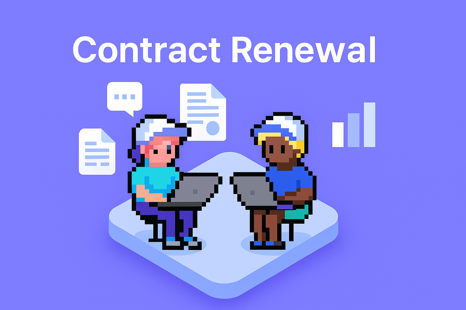 Contract Renewal meeting with two AI agents collaborating on laptops - how to negotiate contract renewal with digital assistants