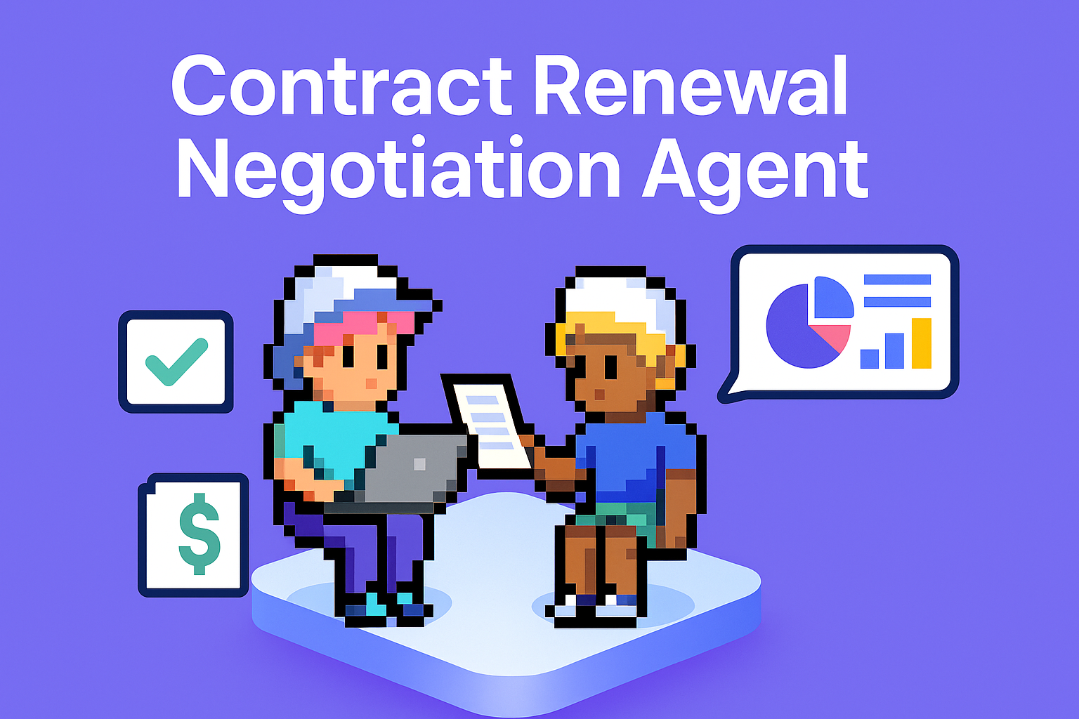 Contract Renewal Negotiation Agent - AI-powered key account managers using laptops and data analytics for automated contract renewal negotiations with checkmarks and dollar signs