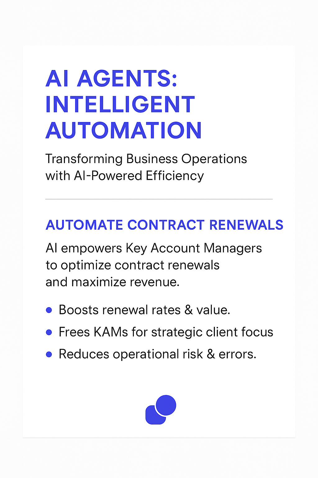 AI Agents Intelligent Automation infographic - Automate Contract Renewals section highlighting how AI empowers Key Account Managers to boost renewal rates and maximize revenue